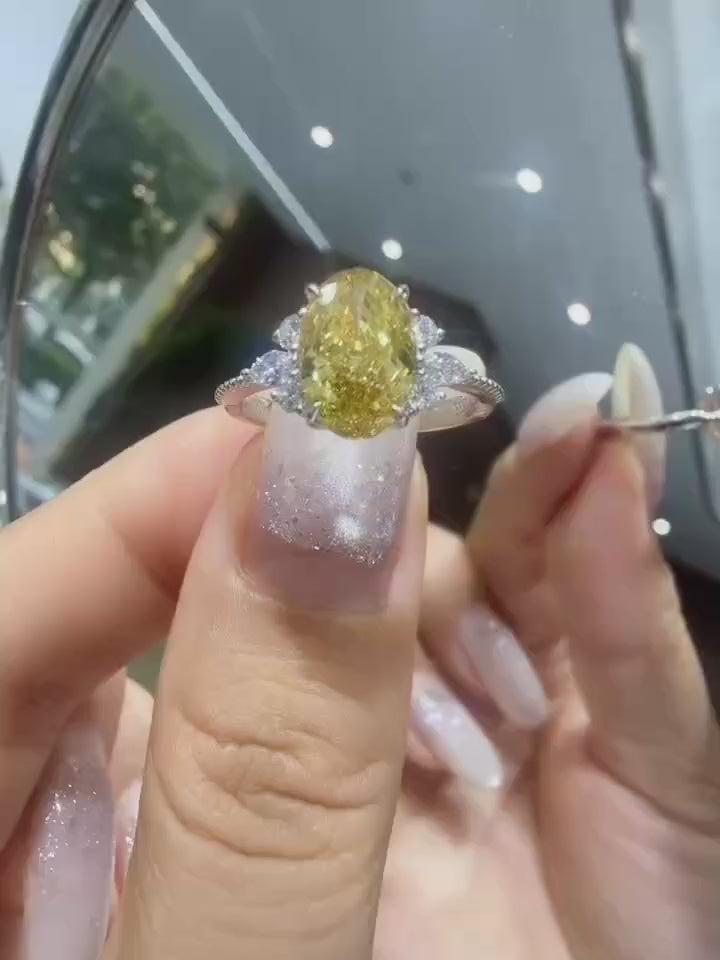 QIORA 2.01ct Fancy Intense Yellow oval lab-grown diamond ring, real footage